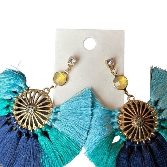 Statement Earrings From Express Boho Tropical Bold Gold & Shades of Blue Fringe - Picture 7 of 13